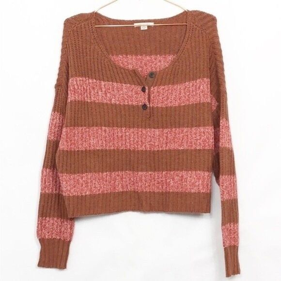 American Eagle Cropped 1/4 Button Down Sweater Pink Brown Stripe New Small (254) - Picture 2 of 7